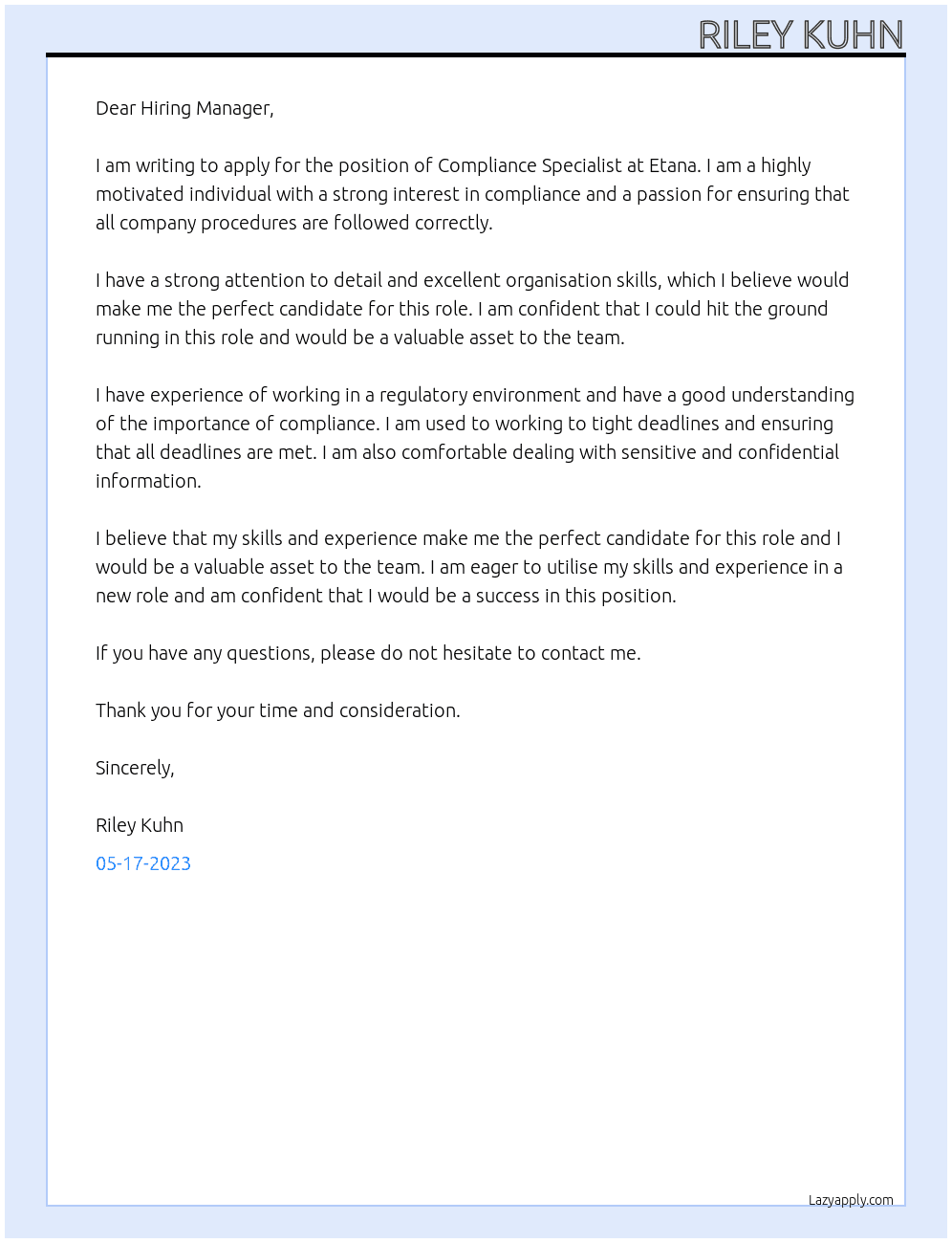 Compliance Specialist At Etana Cover Letter