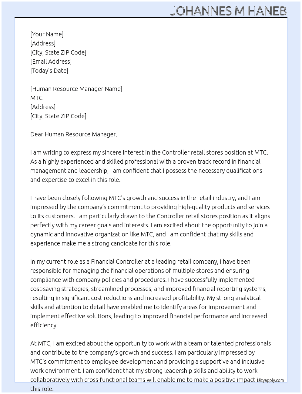 Controller retail stores At MTC Cover Letter