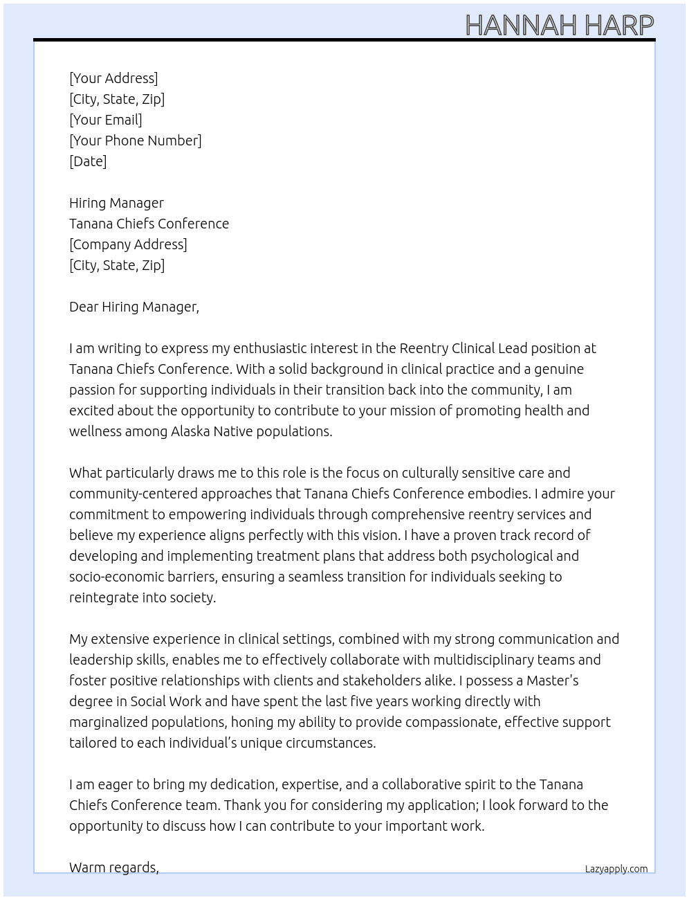 Reentry Clinical Lead At Tanana Chiefs Conference Cover Letter