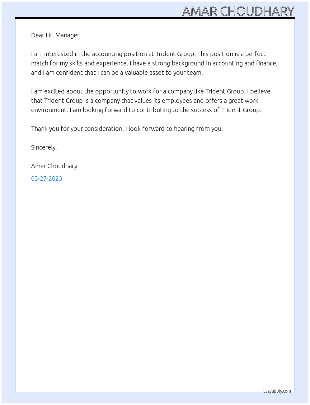 Accounting At Trident Group Cover Letter