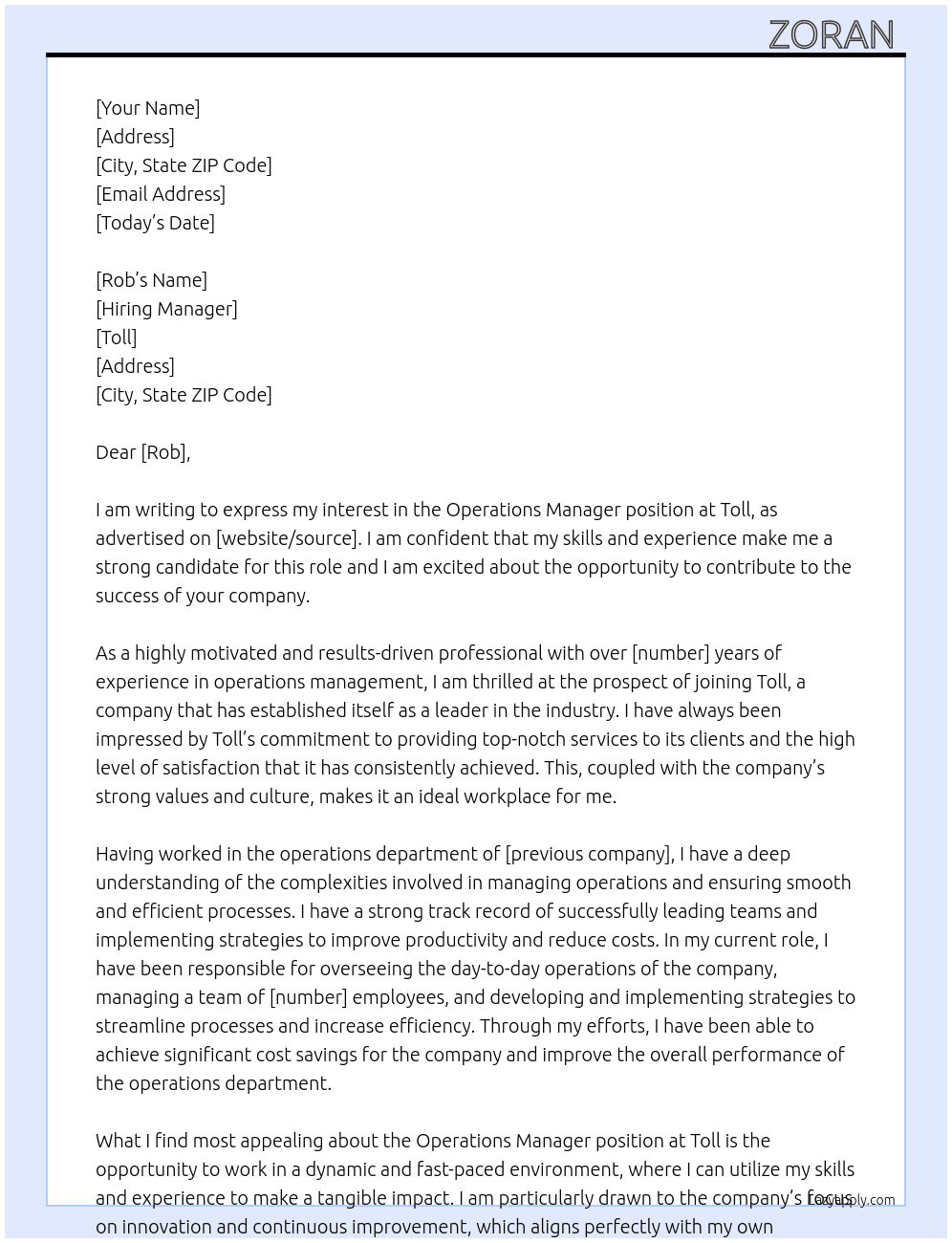 operations manager  At toll  Cover Letter