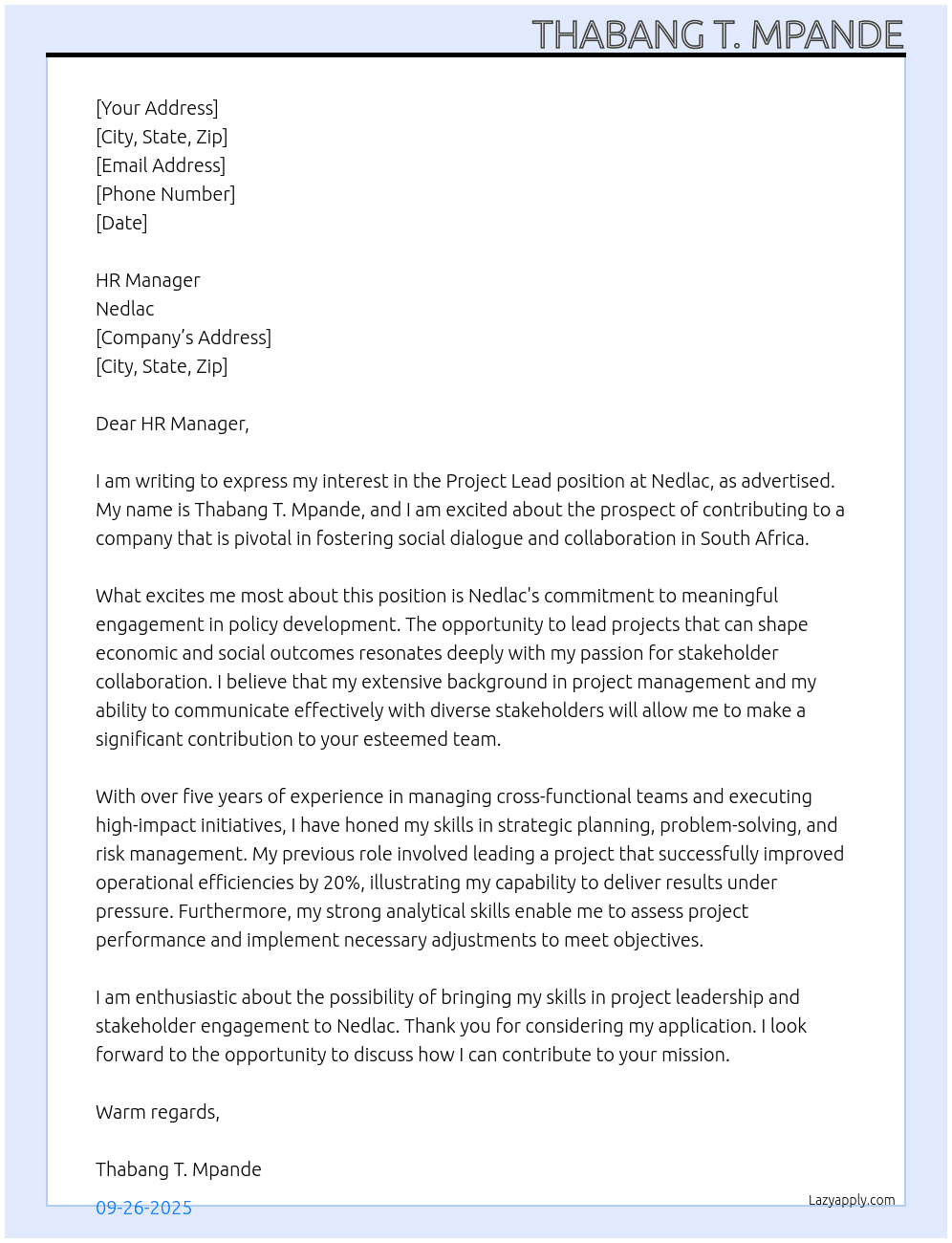 Project Lead At Nedlac Cover Letter