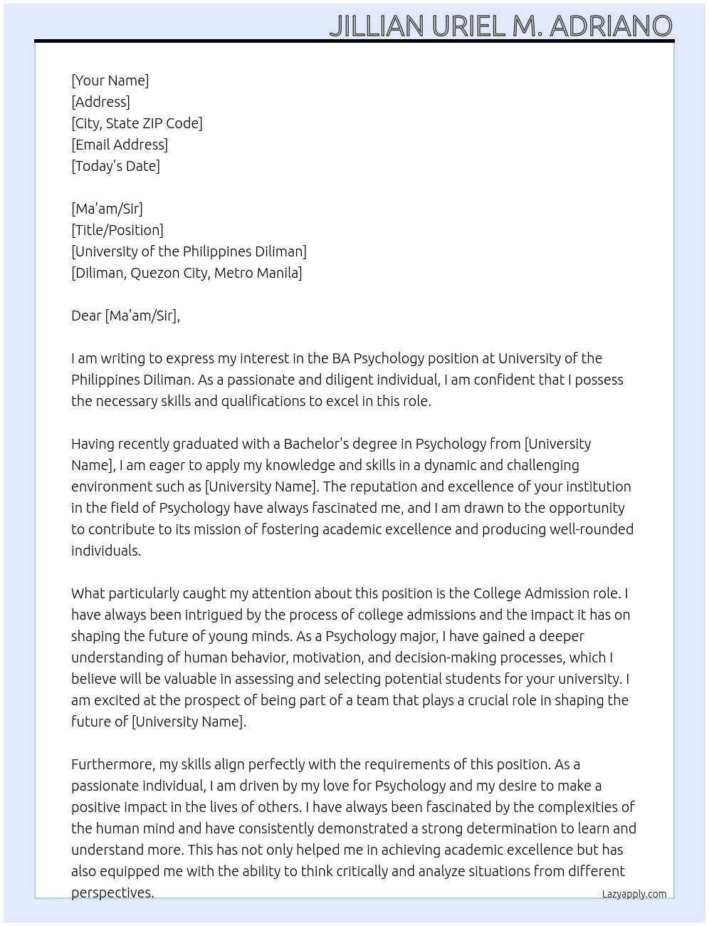 BA Psychology At University of the Philippines Diliman Cover Letter