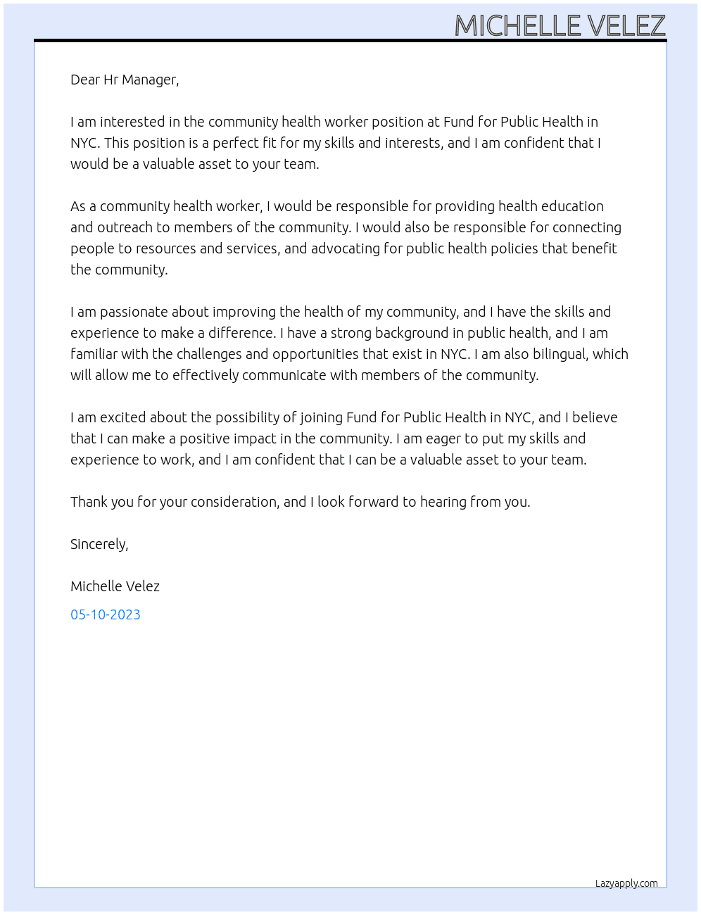 community health worker  At Fund for Public Health in NYC  Cover Letter