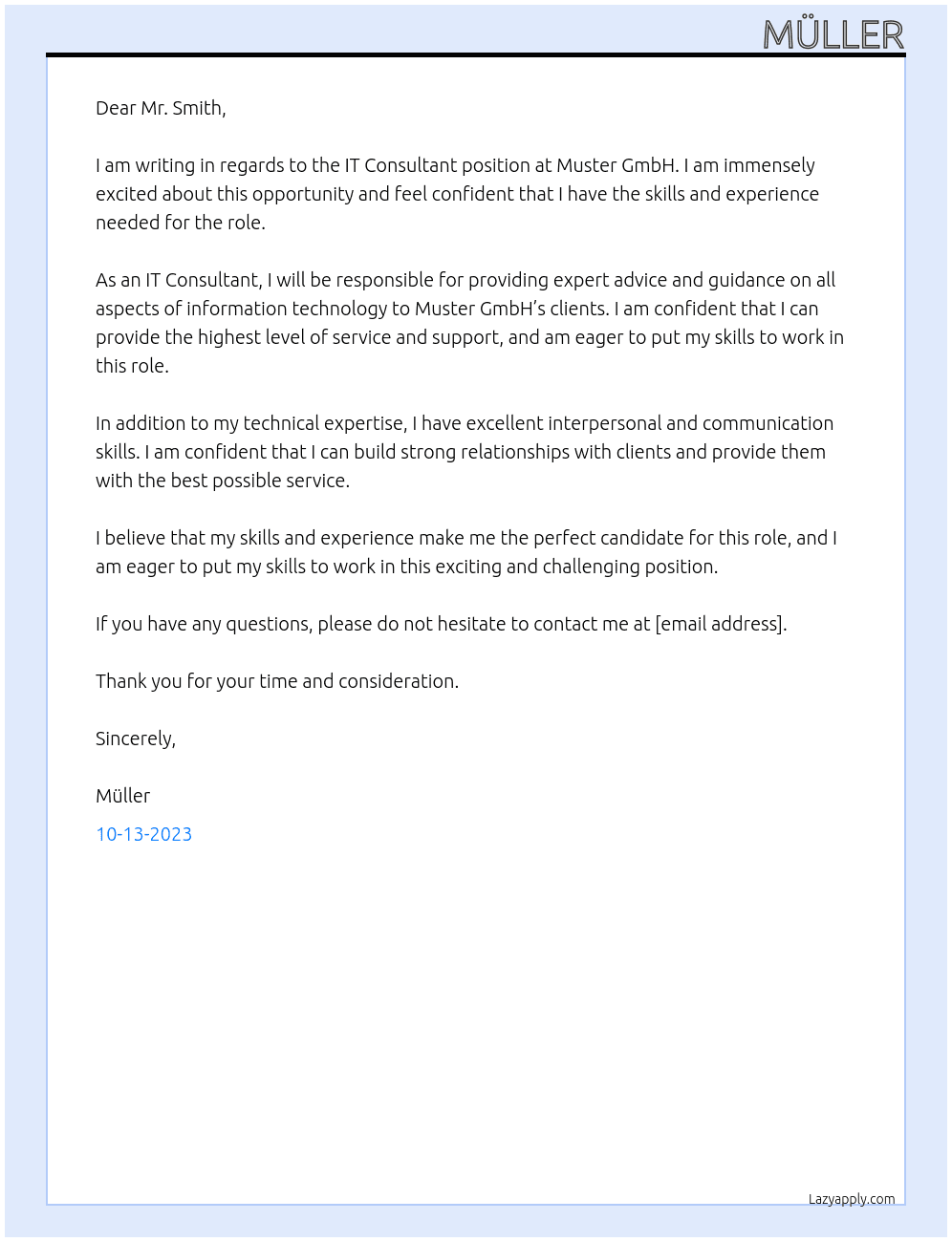 IT Consultant At Muster GmbH Cover Letter