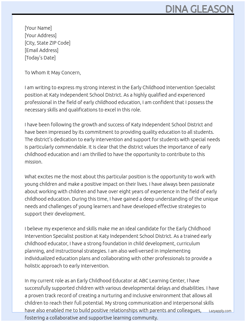 early childhood intervention specialists At Katy Independent school district Cover Letter