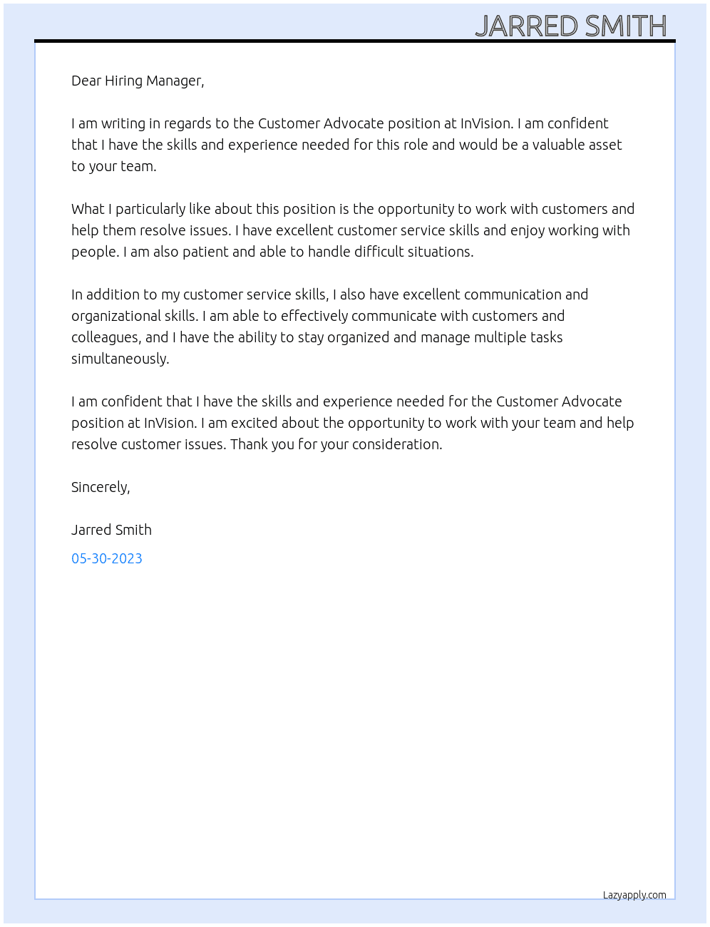 Customer Advocate  At InVision Cover Letter