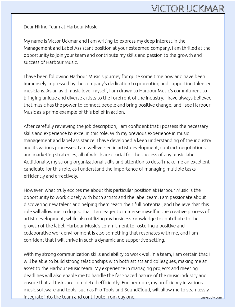 Management and Label assistant At Harbour Music Cover Letter
