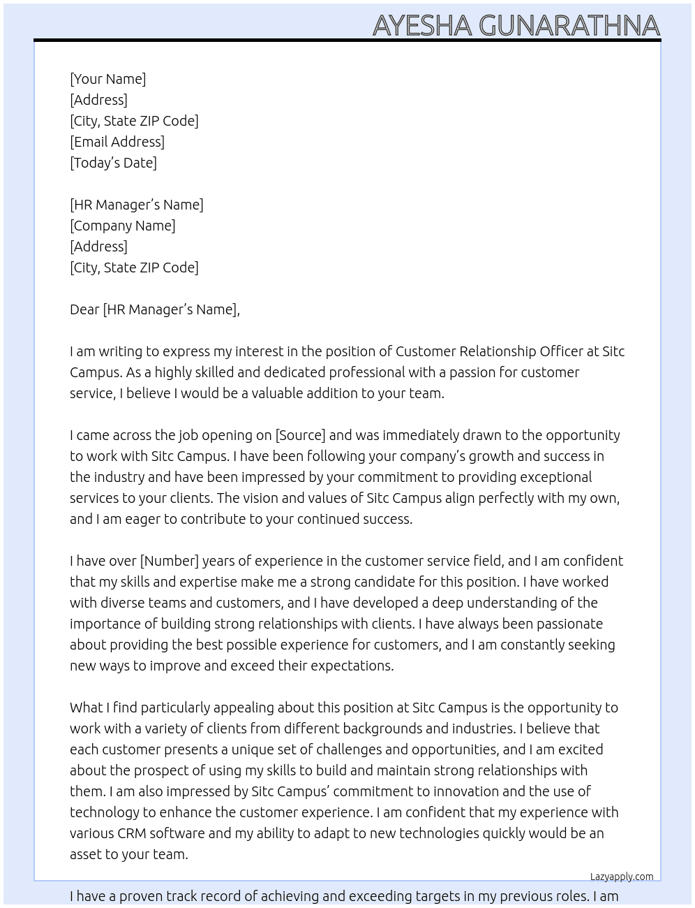 Customer Relationship Officer At sitc campus Cover Letter