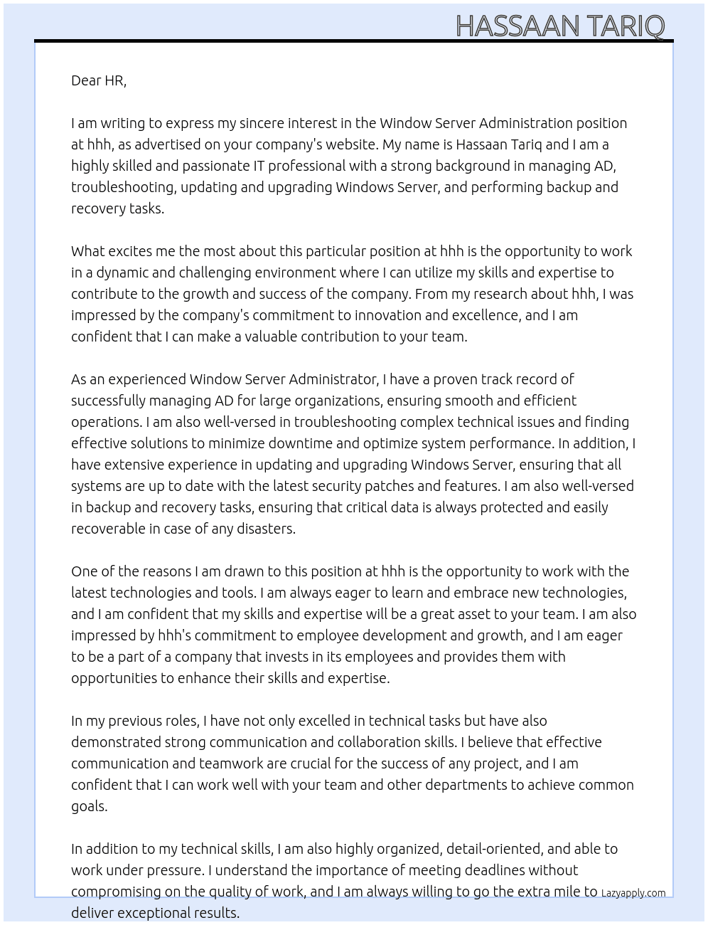 Window server administration At hhh Cover Letter