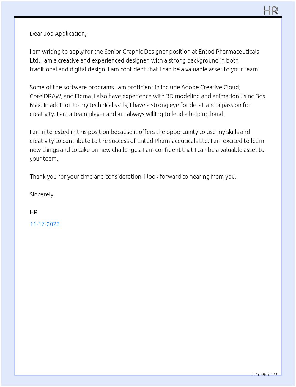 Senior Graphic Designer  At Entod Pharmaceuticals Ltd  Cover Letter