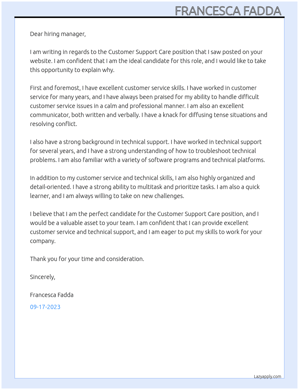 Customer Support Care  At Intrum Cover Letter