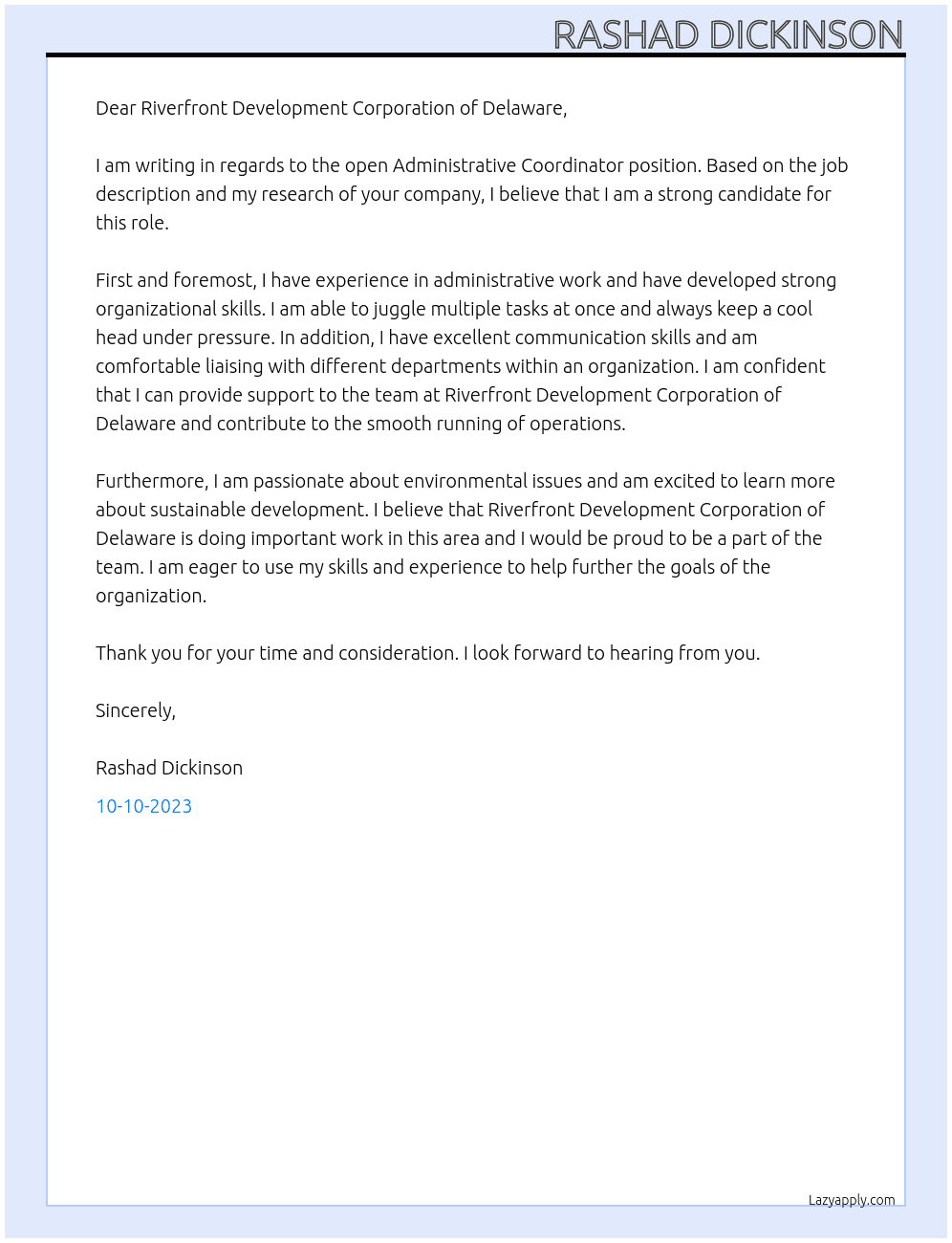 Administrative Coordinator At Riverfront Development Corporation of Delaware Cover Letter