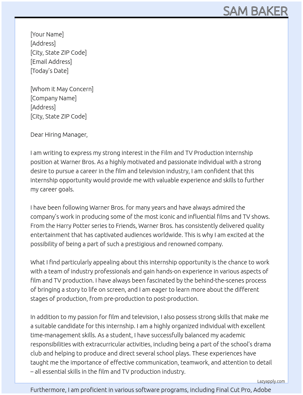 Film and TV production internship At Warner Bros. Cover Letter