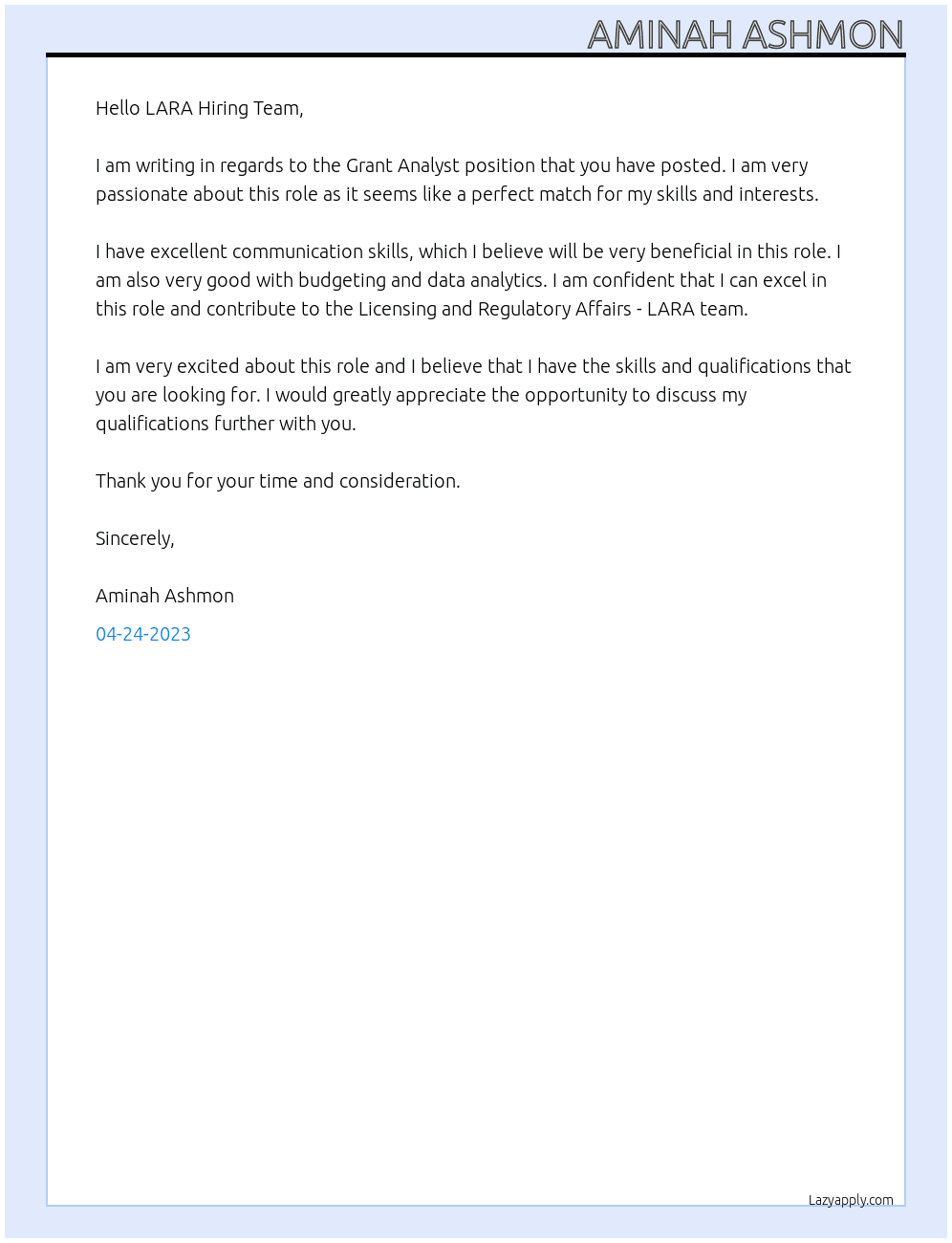 Grant Analyst At Licensing and Regulatory Affairs - LARA Cover Letter