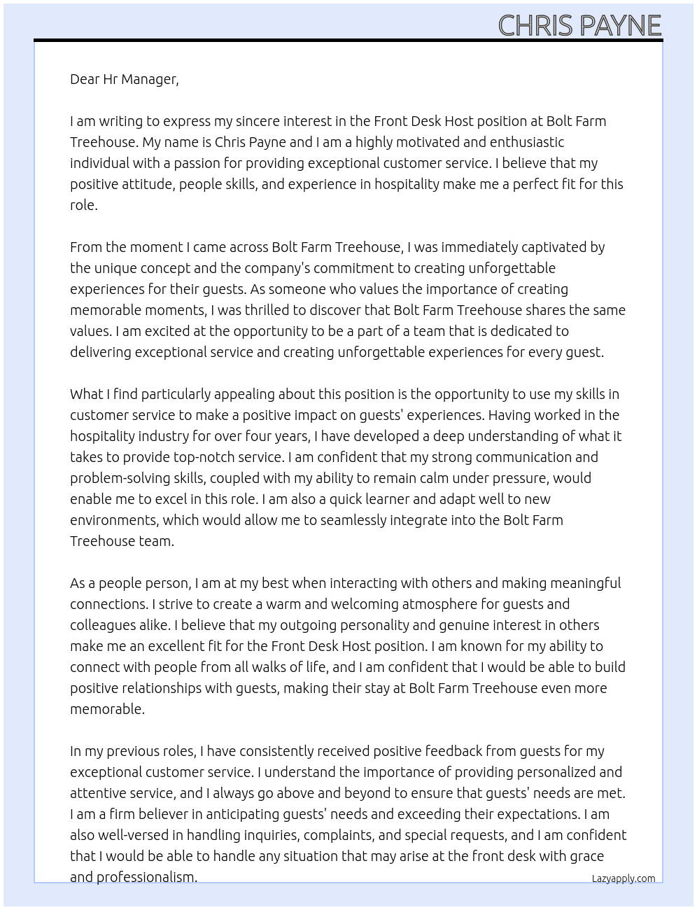 Front Desk Host At Bolt Farm Treehouse Cover Letter