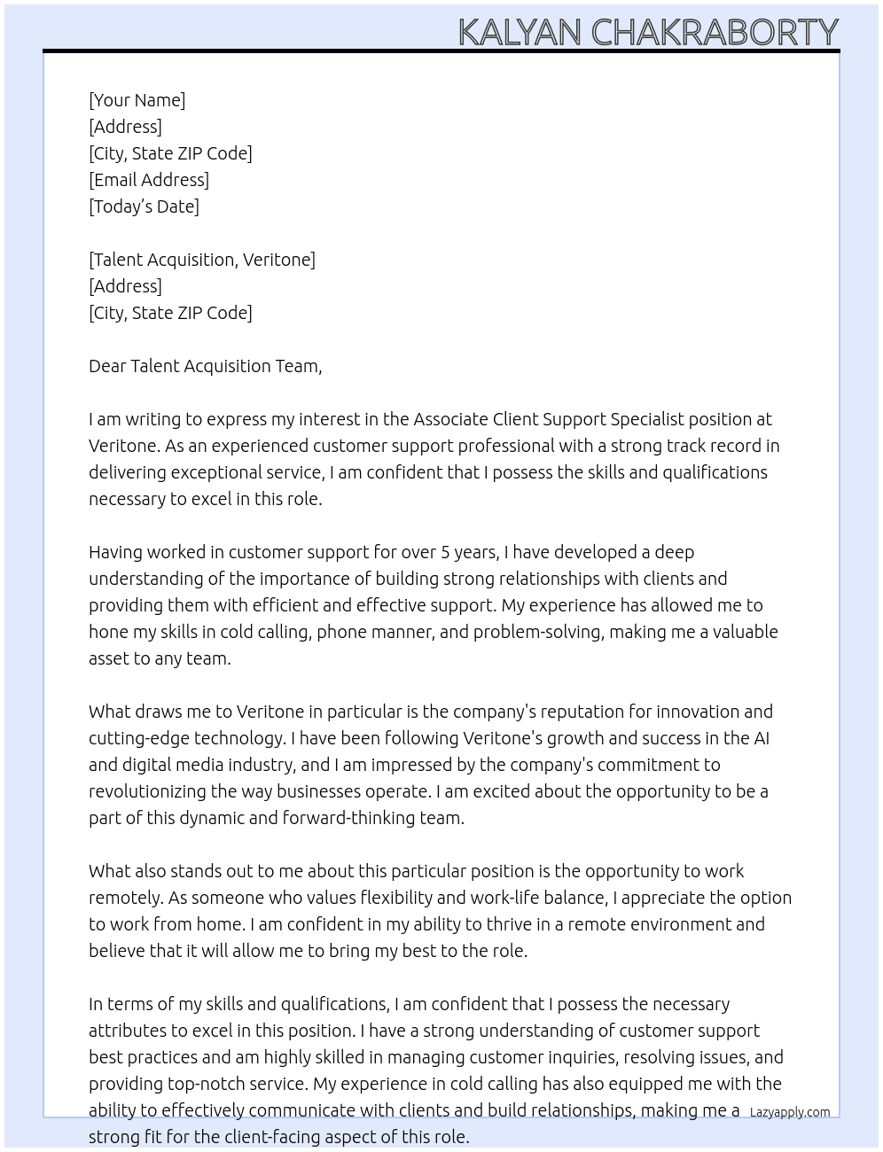 Associate Client support specialist At Veritone Cover Letter