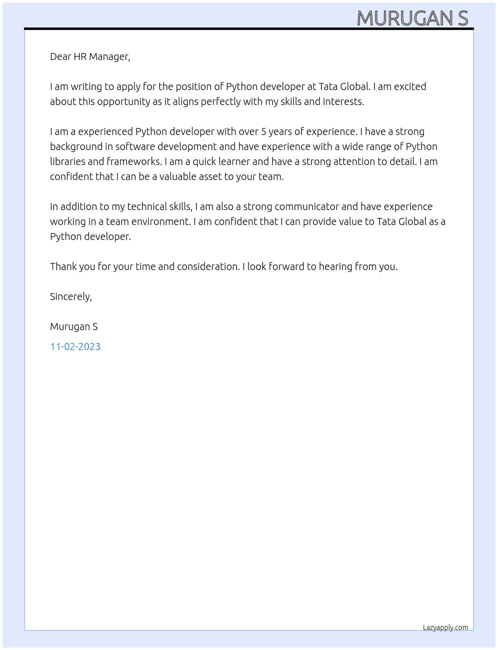 Python developer  At Tata Global  Cover Letter