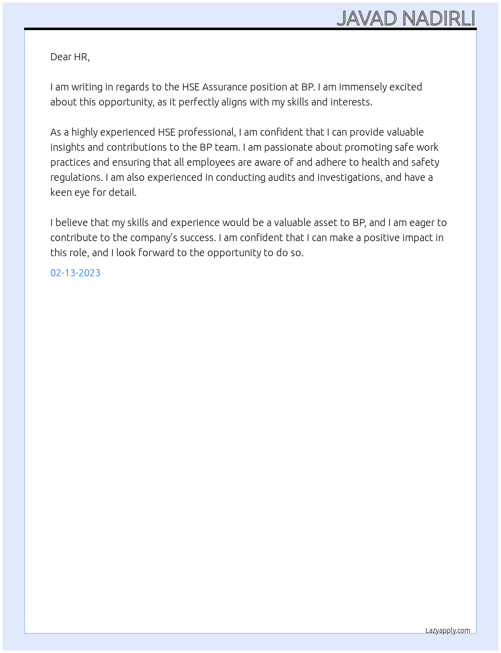 Cover letter for hse assurance - LazyApply