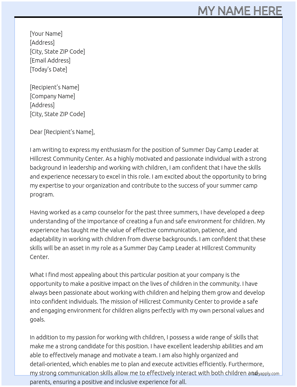 Summer Day Camp Leader At Hillcrest community center Cover Letter