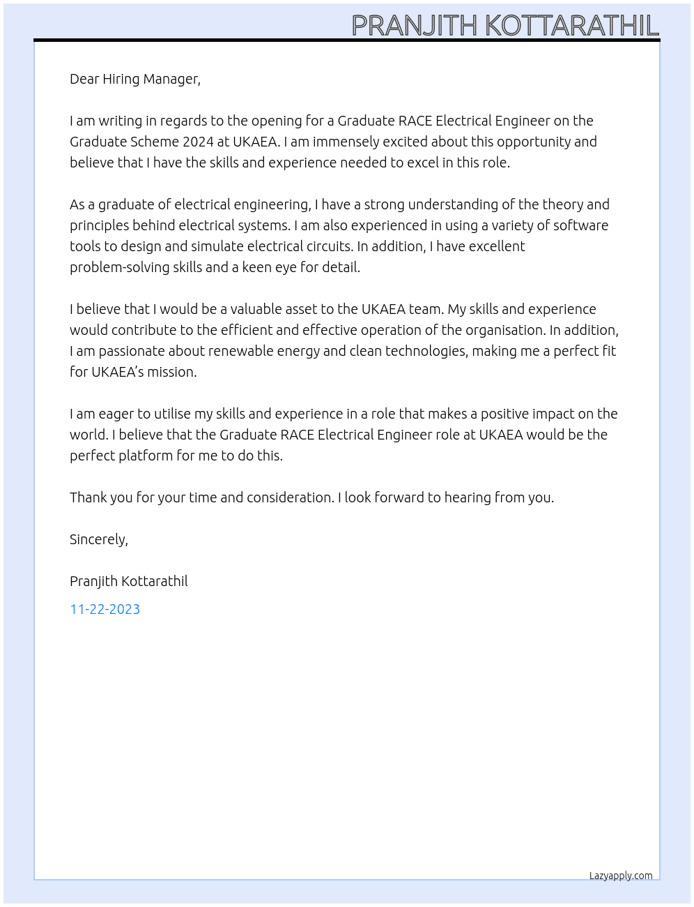 Graduate RACE Electrical Engineer - Graduate Scheme 2024 At UKAEA Cover Letter