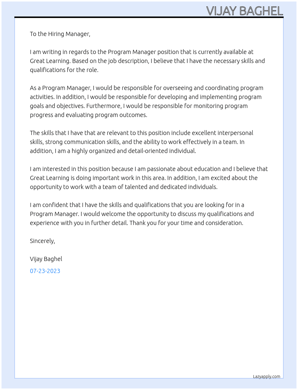 Program manager At Great learning Cover Letter