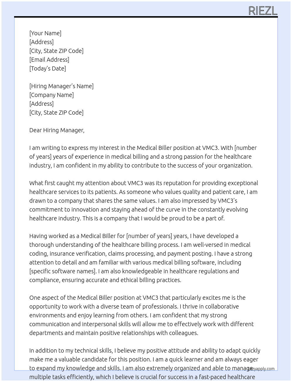 Medical Biller At VMC3 Cover Letter