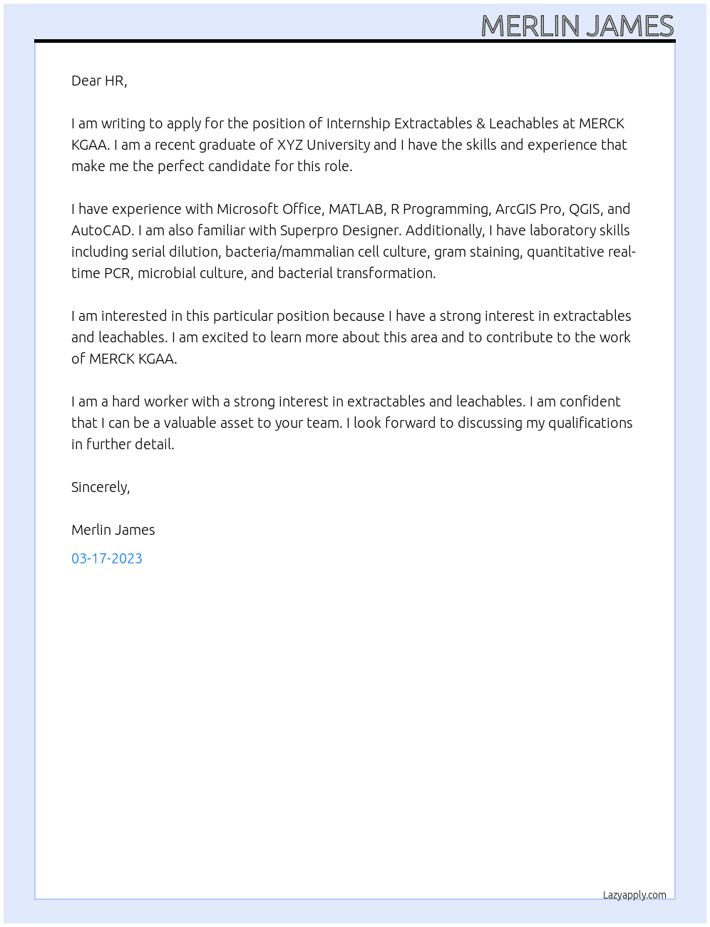Internship Extractables & Leachables At MERCK KGAA Cover Letter