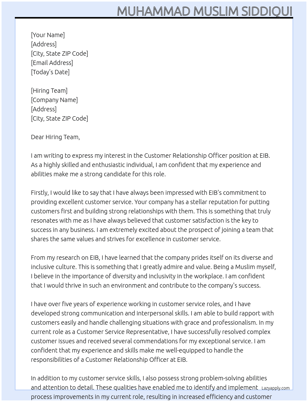 Customer relationship officer At EIB Cover Letter