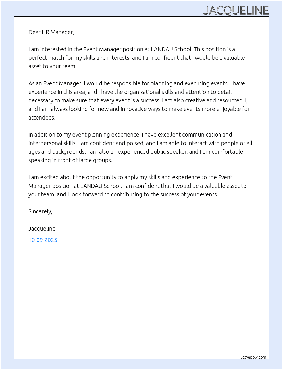 Event Manager  At LANDAU School Cover Letter