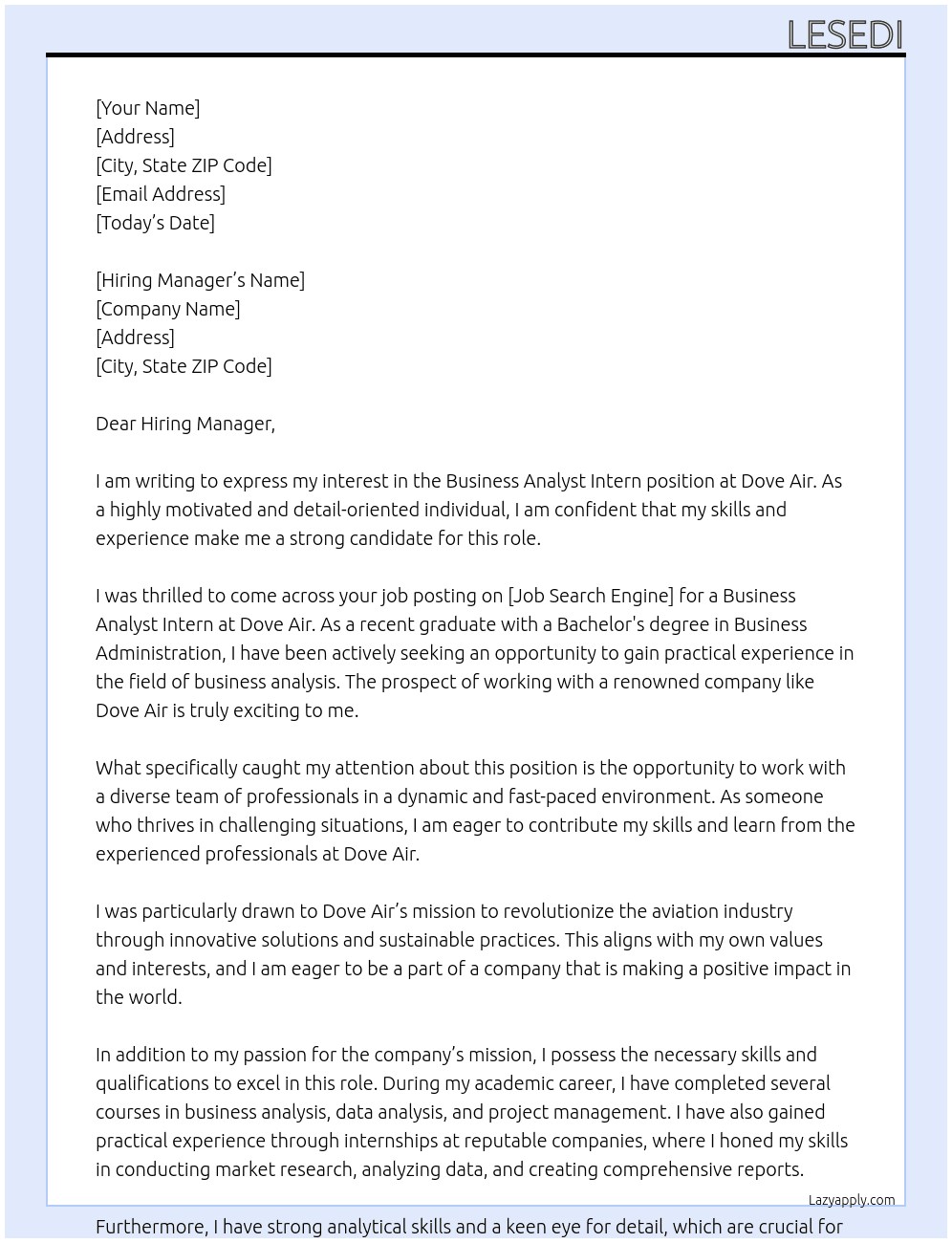 Business analyst intern At Dove air Cover Letter