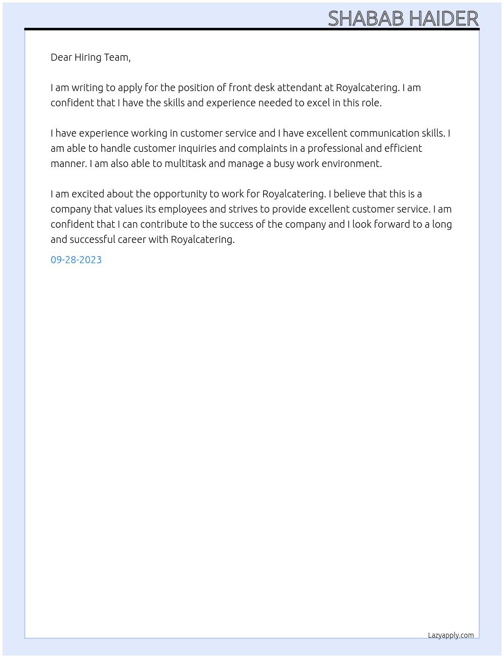 Front desk Attendant At Royalcatering Cover Letter