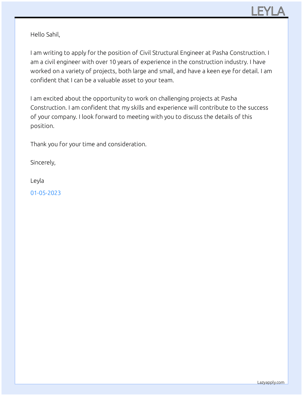 Civil structural engineer  At Pasha construction  Cover Letter