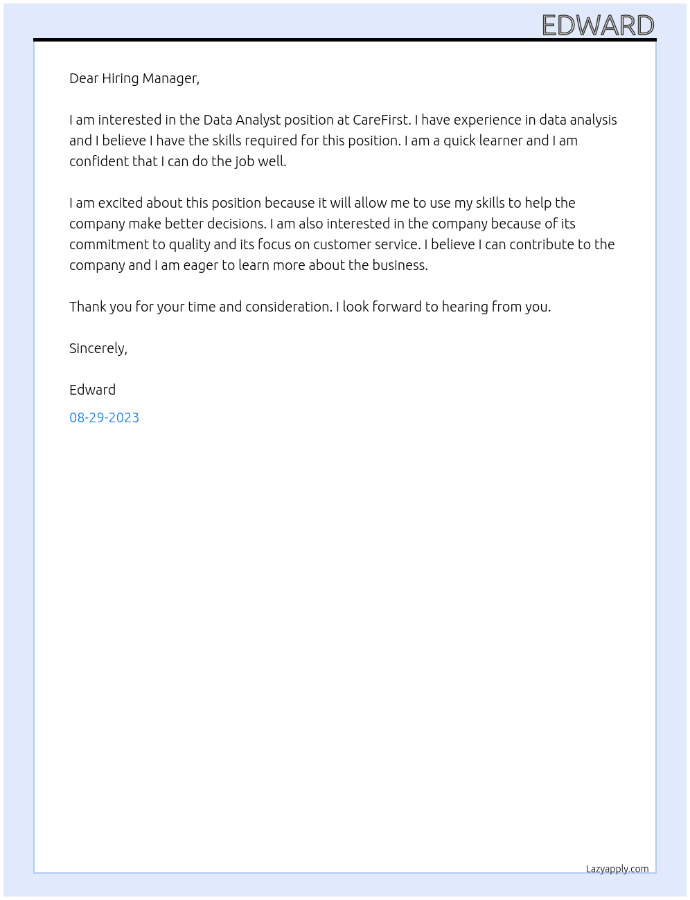 Data Anlyst At CareFirst Cover Letter