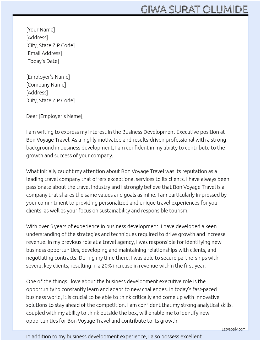 Business development executive At Bon Voyage Travel Cover Letter