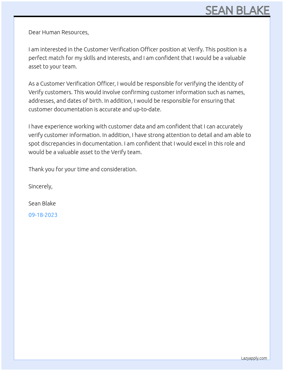 Customer Verification Officer At Verify Cover Letter
