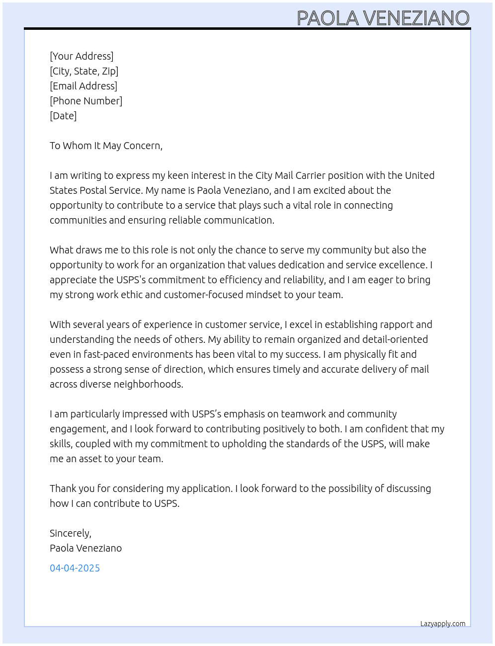 Cover letter for city mail carrier - LazyApply