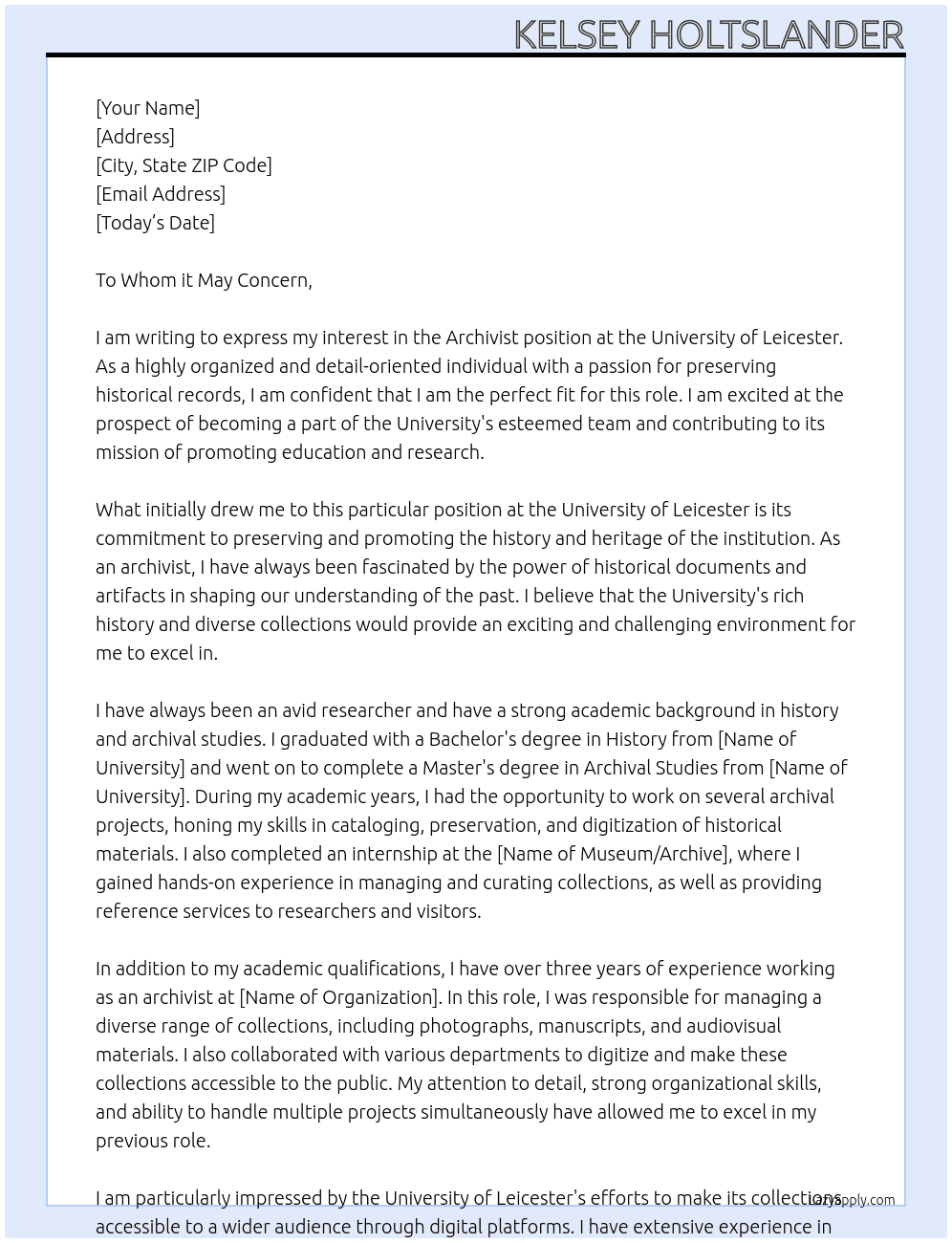 Archivist  At University of Leiscester Cover Letter