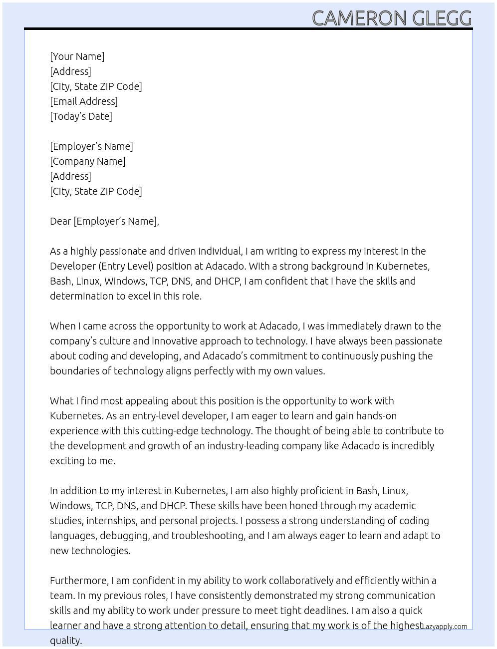 Developer (Entry Level) At Adacado Cover Letter