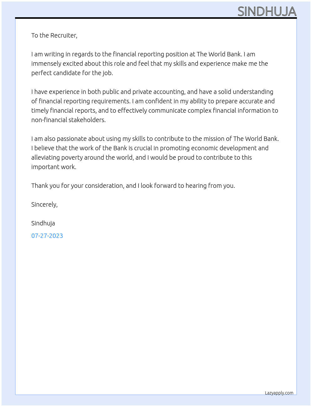 Financial reporting  At The World Bank Cover Letter