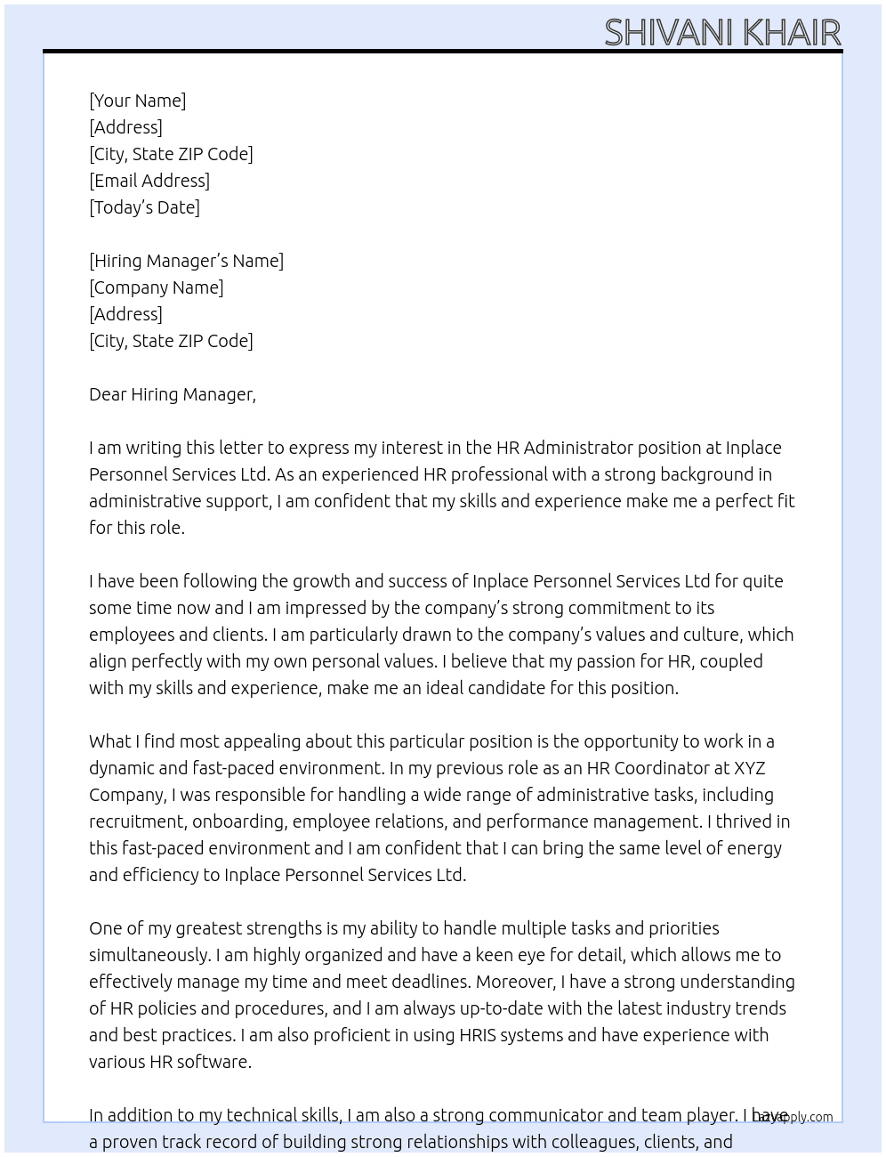 HR Administrator At Inplace Personnel Services Ltd Cover Letter