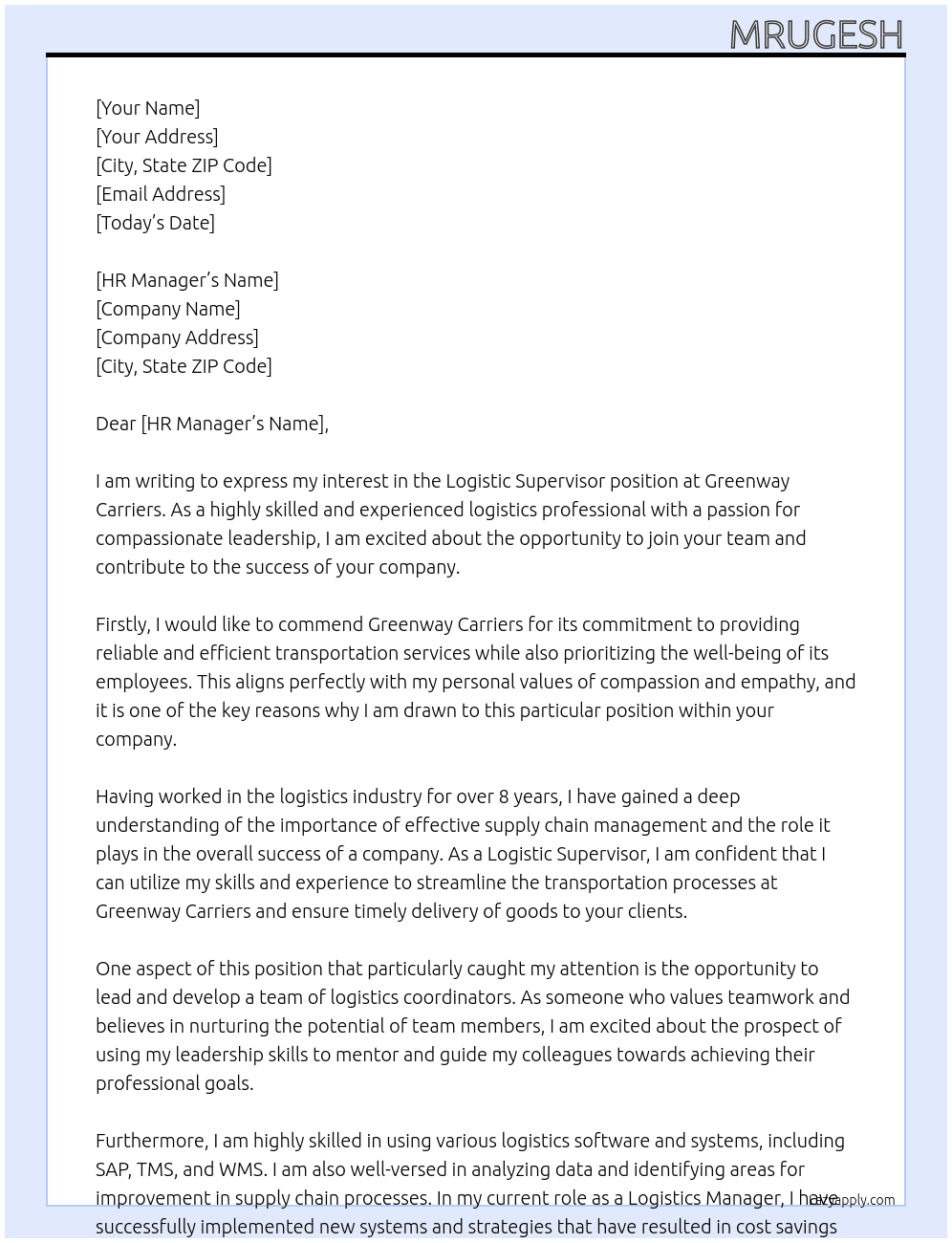 logistic supervisor At Greenway Carriers Cover Letter