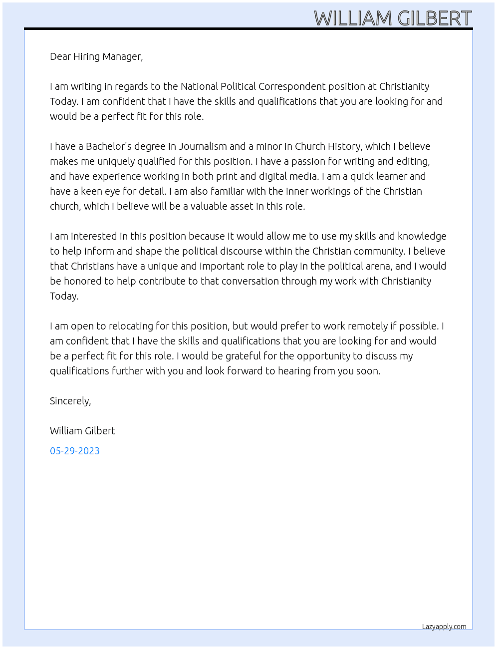 National Political Correspondent At Christianity Today Cover Letter