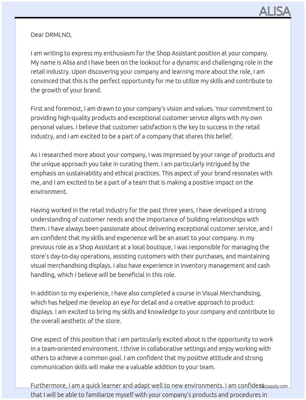 Shop assistant At DRMLND Cover Letter