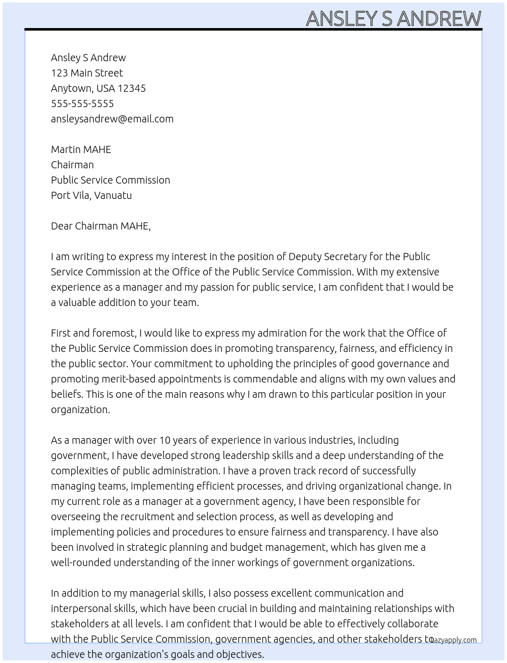 Deputy Secretary For Public Service Commission At Office of the Public Service Commission Cover Letter
