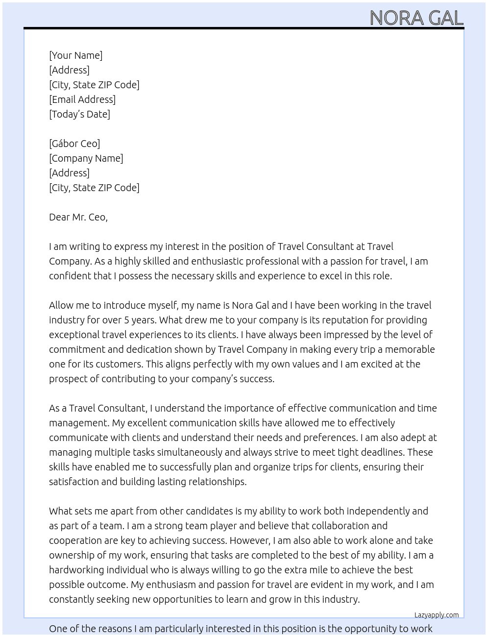 Travel consultant At Travel company Cover Letter