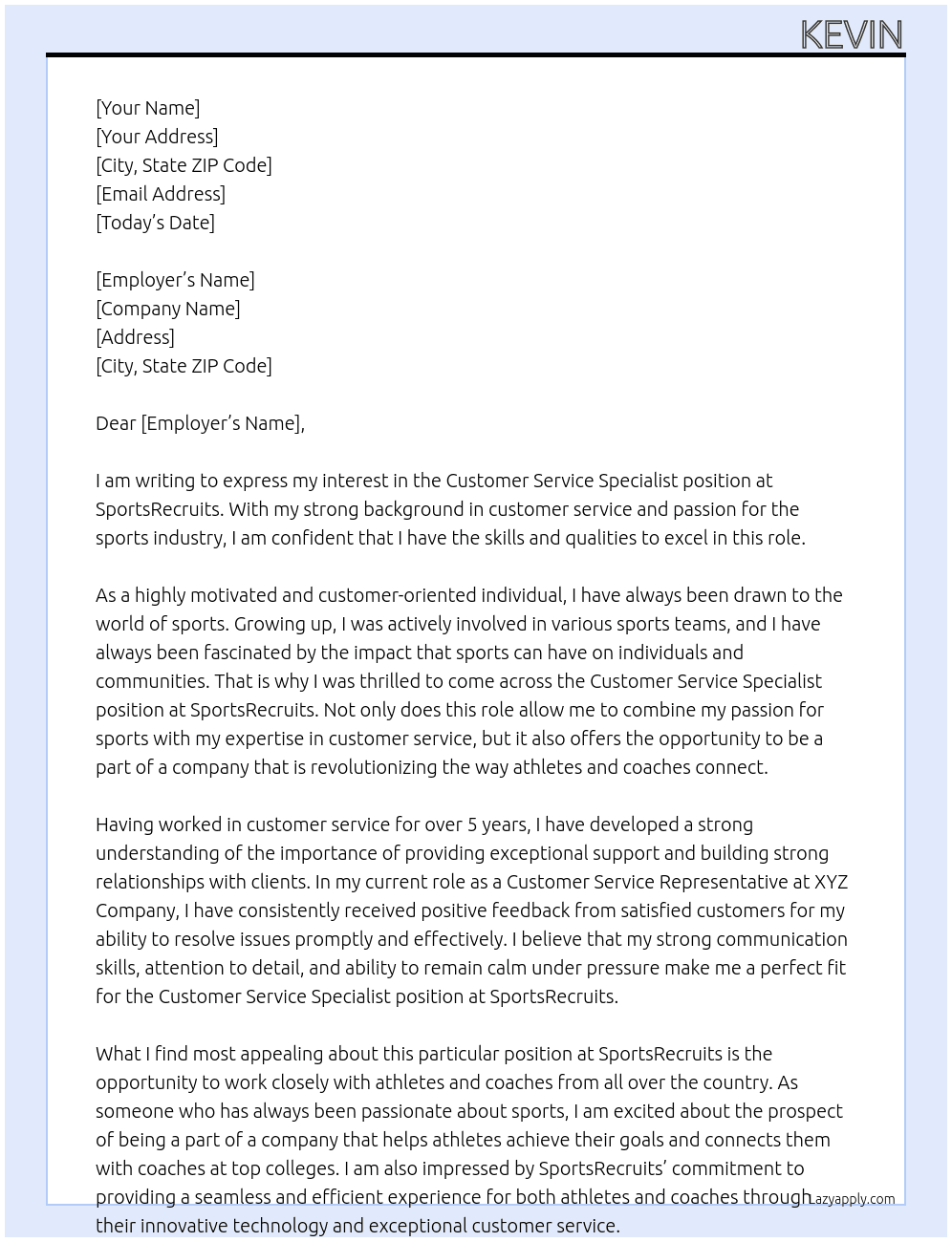 customer service specialist  At sportsrecruits Cover Letter