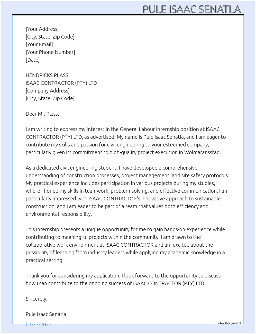 GENERAL LABOUR  At ISAAC CONTRACTOR (PTY)LTD Cover Letter