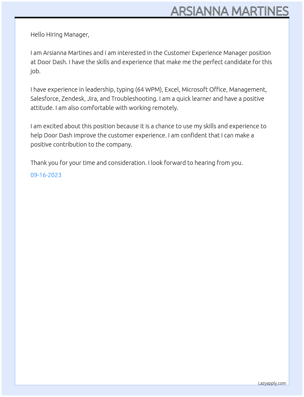 Customer Experience Manager At Door Dash Cover Letter