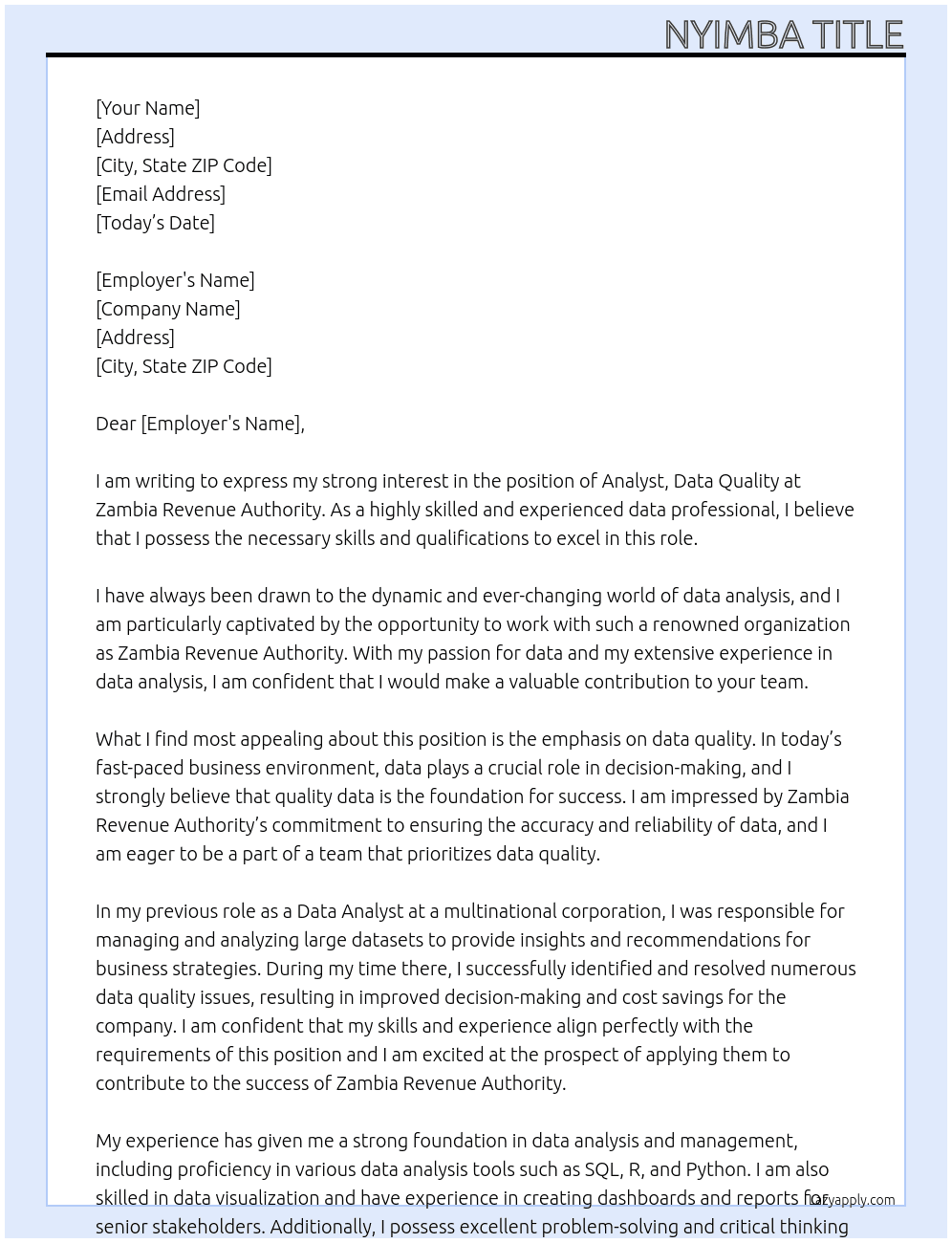 analysit, data quality At zambia revenue authority Cover Letter